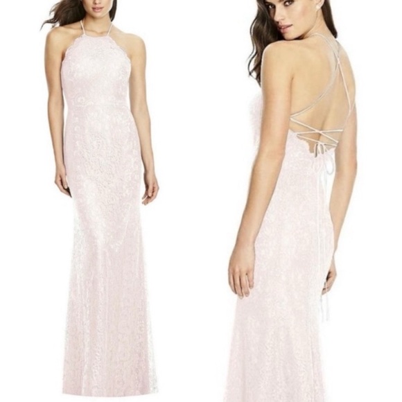 Dessy Halter Criss Cross Open-Back Lace Gown 2995 NWT